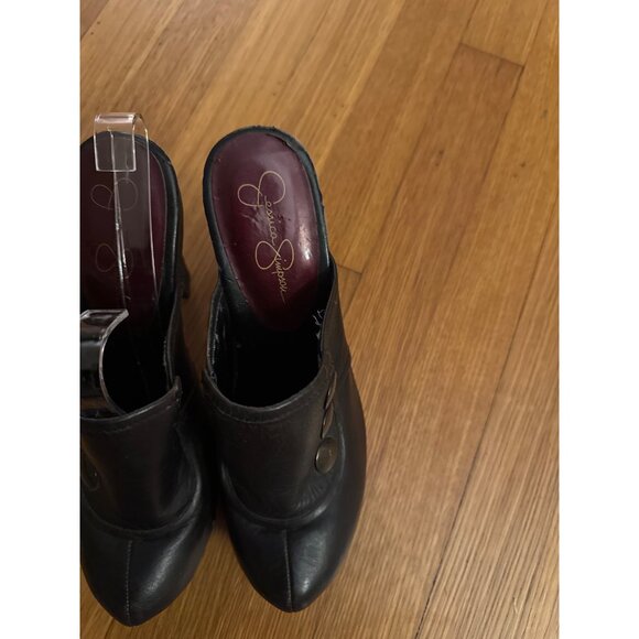Jessica Simpson Black Leather Studded Heeled Mules With Wooden Sole Size 8 - Picture 3 of 5